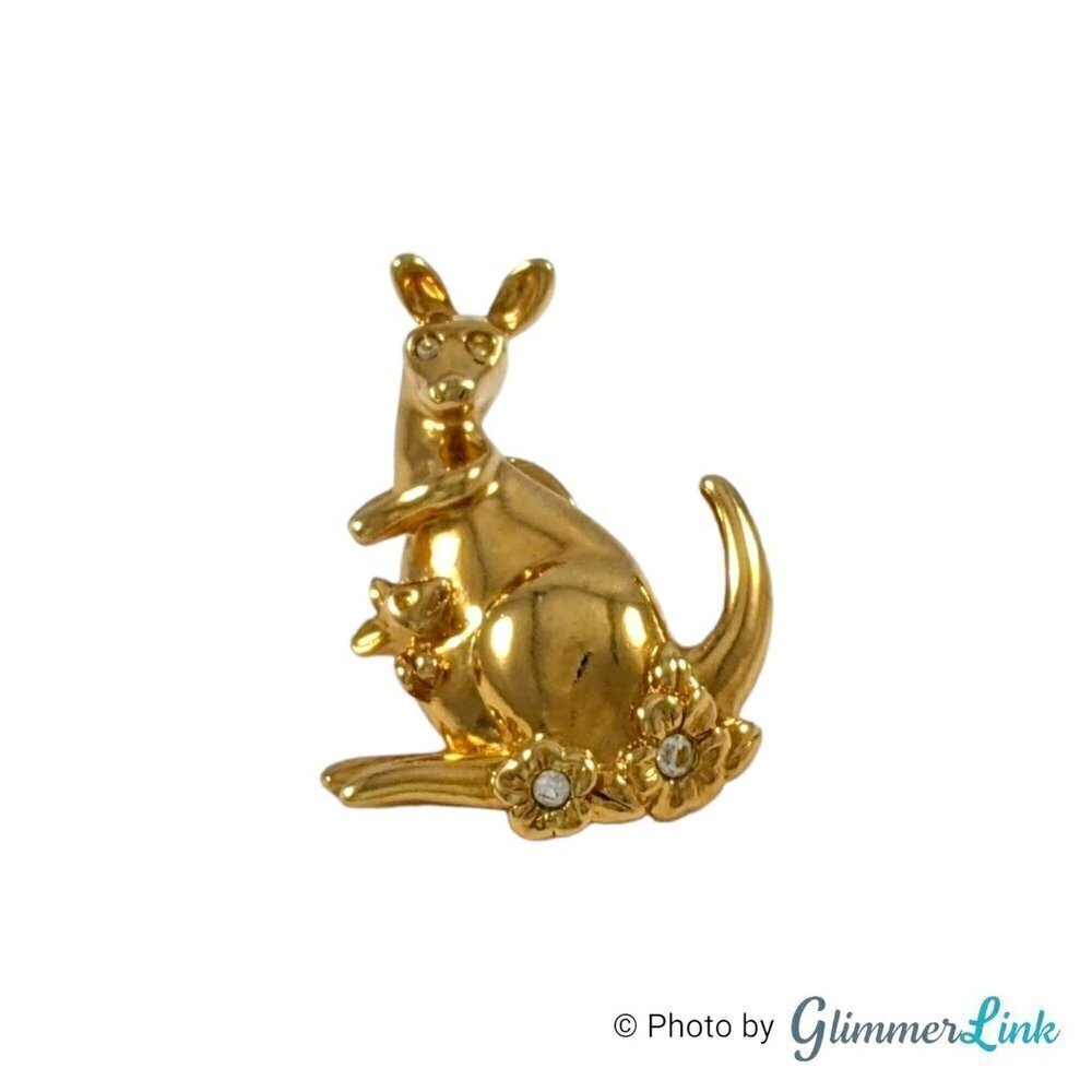 Vintage 1990s Avon Mama Kangaroo and Baby Joey Gold Tone Rhinestones Pin